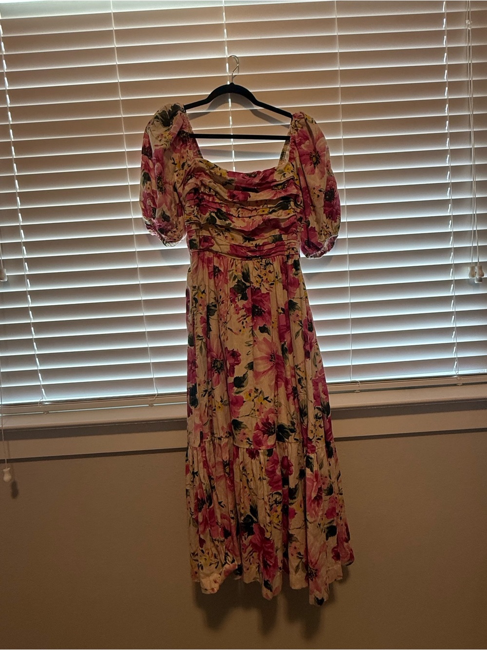 Abercrombie & Fitch Floral Puff-Sleeve Maxi Dress in Pink and Cream